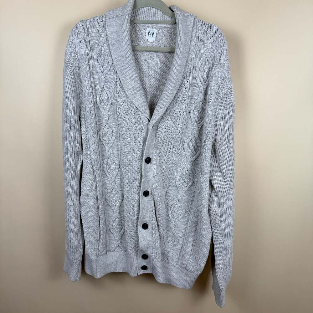 Gap Men's Light Grey Cable Knit Shawl Collar Cotton Cardigan Sweater